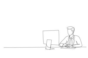 personagem de empresário usando computador de negócios no escritório ou local de trabalho. estilo de design de uma linha vetor