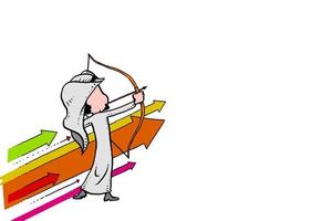 empresário árabe mirando o alvo com flecha de arco. conceito de negócios. desenho de ilustração vetorial de caricatura vetor