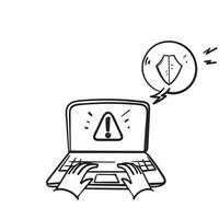 detecção de ameaça de doodle desenhado à mão no vetor de ilustração de laptop