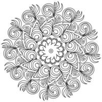mandala zen de contorno com padrões de fantasia em forma de conchas espirais, página para colorir anti-stress na forma de uma moldura redonda com cachos vetor