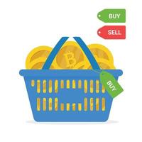 cesta cheia de moedas bitcoin. comprar ou vender bitcoin vetor