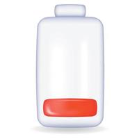 vetor bateria fraca, nível vermelho. ilustração de bateria 3d de vidro no fundo branco