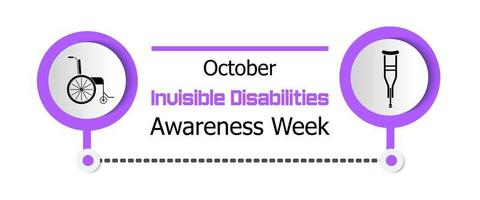 vetor de conceito de semana de conscientização de deficiências invisíveis em cores roxas. cadeira de rodas e muletas são mostrados.
