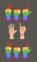 vetor de conceito lgbt para t-shirt, banner, pôster, web no fundo cinza. mãos, coração, pulseira são pintadas nas cores do arco-íris do orgulho lgbt.
