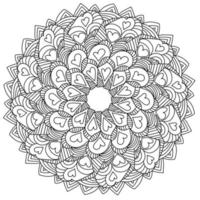 mandala com corações e arcos enrolados, página para colorir zen com padrões de doodle para o dia dos namorados vetor