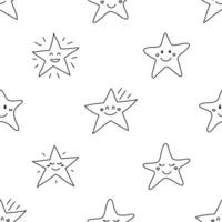 preto e branco sem costura padrão com estrelas felizes de contorno doodle. vetor