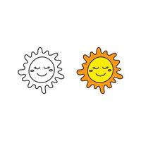 esboço de doodle e ícones de sol sorridente feliz colorido isolados no fundo branco. vetor