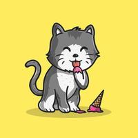 gato bonito comendo sorvete cone ilustração vetorial dos desenhos animados. conceito de ícone de comida animal isolado vetor premium. estilo de desenho animado plano
