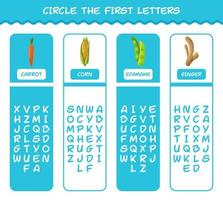 circule as primeiras letras dos vegetais dos desenhos animados. jogo de correspondência. jogo educativo para crianças e bebês da pré-escola vetor