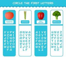 circule as primeiras letras dos vegetais dos desenhos animados. jogo de correspondência. jogo educativo para crianças e bebês da pré-escola vetor