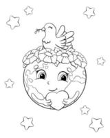 bonito planeta Terra tem um coração nas mãos dela. na cabeça há uma coroa de flores e uma pomba, símbolo de paz. página do livro de colorir para crianças. ilustração vetorial isolada no fundo branco. vetor