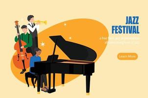 cartaz do festival de jazz com pianista, baixista e trompetista tocando.