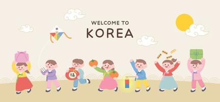 banner de boas-vindas para visitar a coreia. crianças bonitas em traje tradicional coreano hanbok estão andando lado a lado com presentes e brinquedos tradicionais.