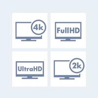 ícones de alta definição, tags, full hd, ultra hd, 2k, 4k, tv vetor