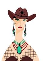 menina de cowboy com chapéu de xerife. retrato feminino desenhado à mão. tema abstrato do oeste selvagem. ilustração vetorial. vetor