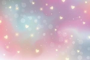 fundo de fantasia de arco-íris. céu multicolorido brilhante com corações, estrelas e bokeh. ilustração holográfica em cores pastel violeta e rosa. papel de parede feminino bonito dos desenhos animados. vetor.