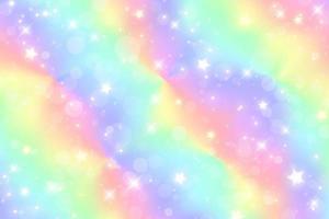 fundo de fantasia de unicórnio arco-íris com estrelas e brilhos. ilustração holográfica em tons pastel. céu multicolorido brilhante. vetor. vetor