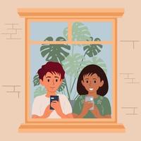 um menino e uma menina com telefones olham pela janela. ilustração em vetor plana.