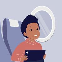 menino afro-americano viaja de avião. ilustração em vetor plana.