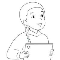 aluna de menina preta e branca está envolvida no tablet. ilustração em vetor plana.