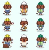 ilustração em vetor de trabalhador cão, construtor, desenho animado trabalhador. Trabalhadores de engenheiros de cachorro fofo, personagens de construtores isolaram a ilustração dos desenhos animados. ilustração vetorial em fundo branco