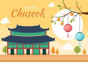 feliz dia de chuseok na coreia para ação de graças com texto de caligrafia, lua cheia e paisagem do céu na ilustração plana dos desenhos animados vetor