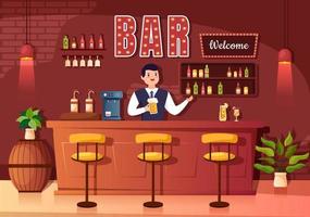 bar ou pub à noite com garrafas de bebidas alcoólicas, barman, mesa, interior e cadeiras na sala interior em ilustração plana dos desenhos animados vetor