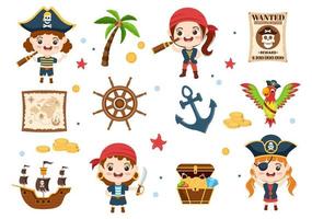 ilustração de personagem de desenho animado pirata com mapa do tesouro, roda de madeira, baús, papagaio, pirata, navio, bandeira e jolly roger em estilo de ícone plano vetor