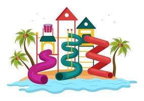 parque aquático com piscina, diversões, escorregador, palmeiras para recreação e playground ao ar livre em ilustração plana dos desenhos animados vetor