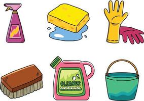 fornecimento de limpeza. ferramentas de limpeza doméstica. ferramenta de limpeza. ilustração vetorial desenhada à mão vetor