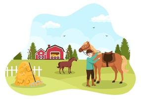 ilustração de desenhos animados de equitação com personagem de pessoas bonitas praticando passeios a cavalo ou esportes equestres no campo verde vetor