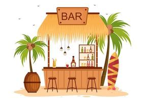 bar tropical ou pub na praia com garrafas de bebidas alcoólicas, barman, mesa, interior e cadeiras à beira-mar em ilustração plana dos desenhos animados vetor