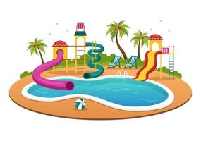 parque aquático com piscina, diversões, escorregador, palmeiras para recreação e playground ao ar livre em ilustração plana dos desenhos animados vetor