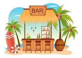 bar tropical ou pub na praia com garrafas de bebidas alcoólicas, barman, mesa, interior e cadeiras à beira-mar em ilustração plana dos desenhos animados vetor