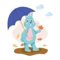 o personagem é um coelho com guarda-chuva e folhas de outono. diversão de outono. ilustração vetorial plana vetor