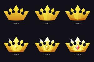 coroas de ouro para jogo, modelo 6 passos de desenho para jogo. ilustração vetorial definir ícones reais com diamante, melhorias de design.