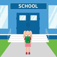 menina com mochila ir para a escola. vista traseira. primeiro dia na escola o pai leva a menina para a escola na primeira série