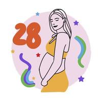 termo de gravidez, contando semanas, menina grávida, barriga grande, mãe expectante, doodle vetor