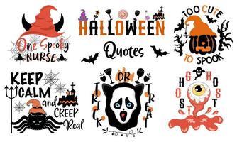 conjunto de citações de halloween projetado em estilo doodle em tons de preto e laranja em fundo branco para decorações temáticas de halloween, design de camisetas, padrões de bolsas, canecas, padrões de tecido, designs de camisetas
