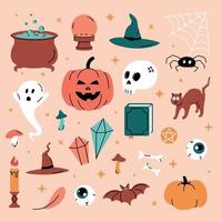 definir ilustração vetorial de elementos de design de doces ou travessuras de halloween fofos na moda, como morcego, ossos, abóboras, gatos e muito mais. vetor