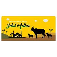 saudações eid al adha com silhueta de cabra, vaca e mesquita. selamat hari raya idul adha se traduz em eid al adha mubarak. postagem nas redes sociais. fundo do conceito de banner vetor