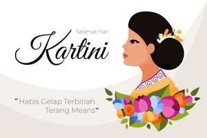 feliz dia do kartini. depois da escuridão vem a luz. selamat hari kartini. habis gelap terbitlah terang. herói do feminismo indonésio. ilustração vetorial. vetor