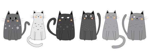 conjunto de gatos cinzentos engraçados bonitos. estilo de desenho animado doodle. ilustração vetorial isolada no fundo branco vetor