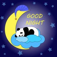 um panda fofo dorme em uma nuvem e uma grande lua no fundo do céu noturno. adesivo, cartão postal. ilustração vetorial vetor