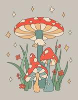 ilustração de cor vetorial de cogumelos agáricos, cogumelos venenosos, ervas e flores nas cores de 1970 vetor
