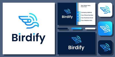 tecnologia de comunicação de sinal de pássaro design de logotipo de vetor de conexão de asa de mosca com cartão de visita