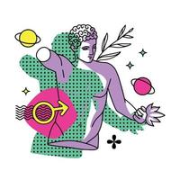 personagem masculino trippy, estátua antiga grega com planeta e elementos surreais. ilustração vetorial linear no estilo y2k estranho psicodélico na moda. vetor