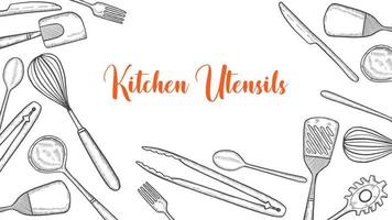 utensílios de cozinha definir coleção com esboço desenhado à mão para cartaz de modelo de banner de fundo vetor