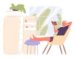 homem senta-se ao lado de uma geladeira aberta e relaxa no calor.
