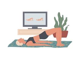 ponte glútea. mulher realiza exercícios em casa deitada no chão, levantando as nádegas apoiando-se na parte superior das costas e do pé. vetor